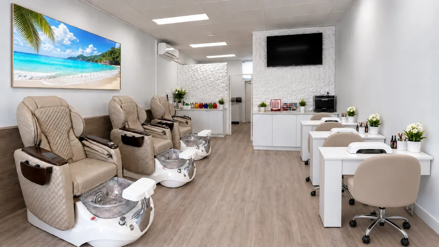 Inside Vung Tau Nails & Beauty: pedicure chairs, manicure stations and a beach mural