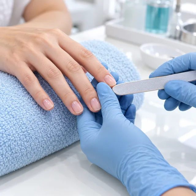 Natural nails being filed during a manicure